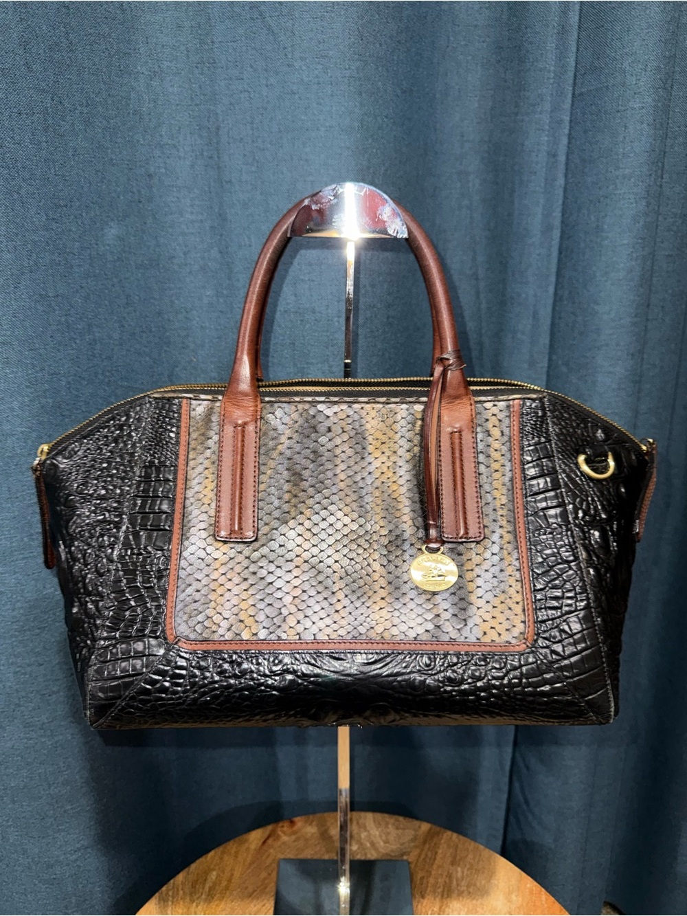 Brahmin Black Croc-Embossed Satchel with Brown Trim